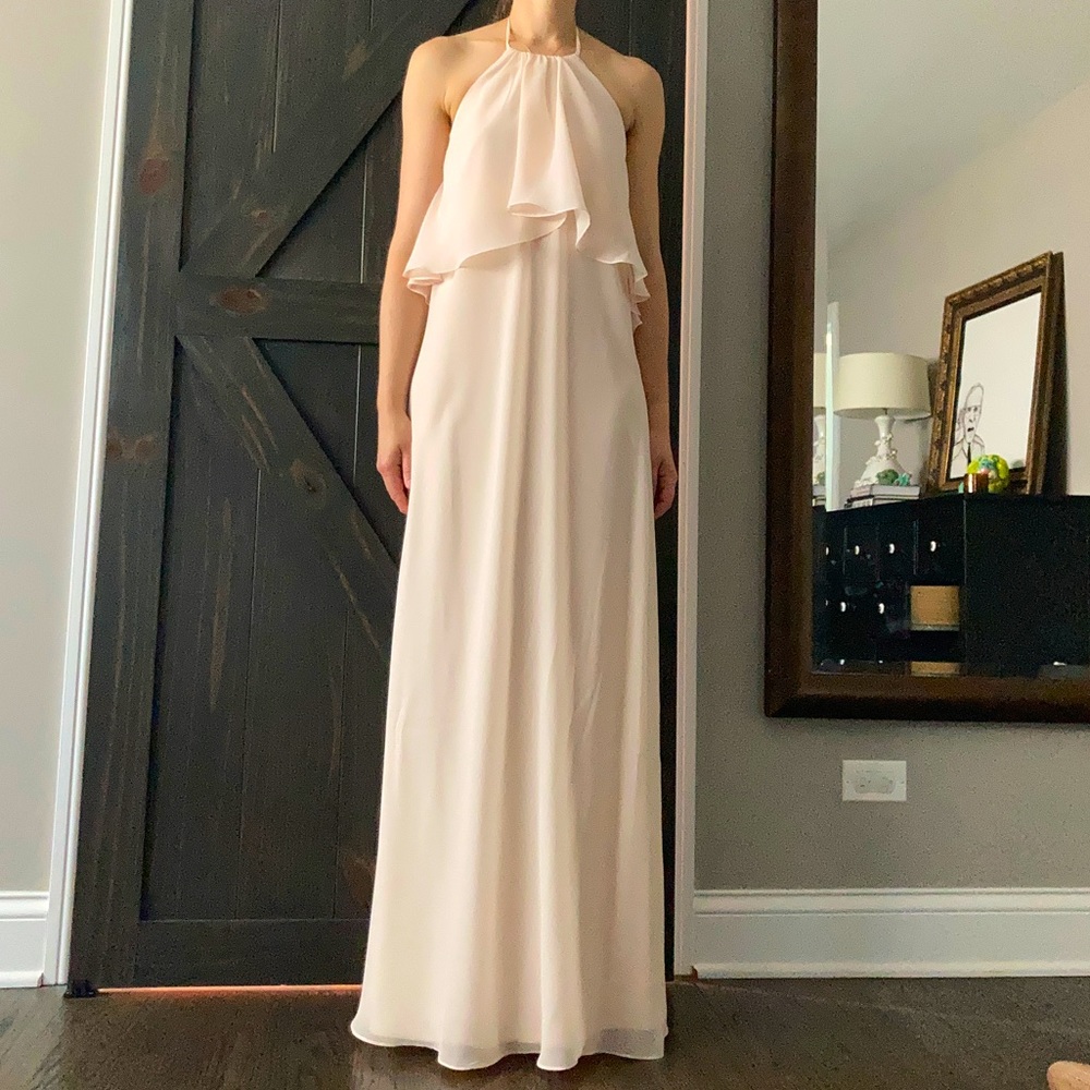 Pale soft pink full length bridesmaid dress